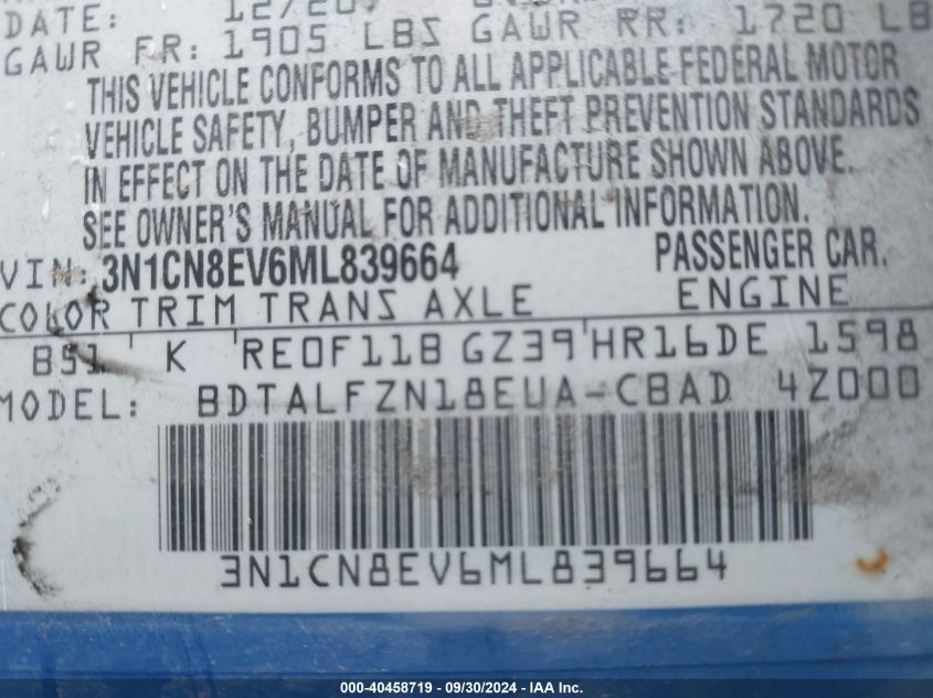 VIN 3N1CN8EV6ML839664 2021 Nissan Versa, Sv Xtronic... no.9