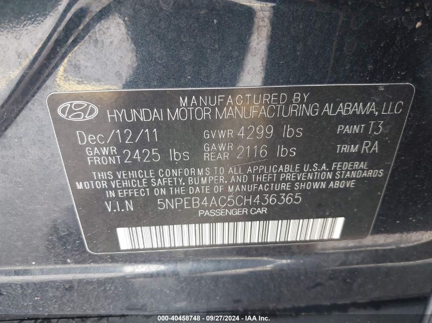 5NPEB4AC5CH436365 2012 Hyundai Sonata Gls