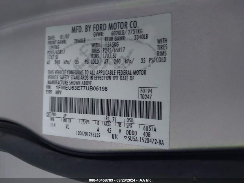 1FMEU63E77UB05198 2007 Ford Explorer Xlt