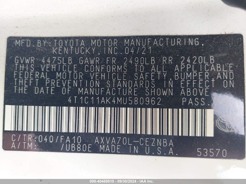 4T1C11AK4MU580962 2021 Toyota Camry Le