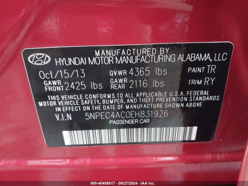 5NPEC4AC0EH831926 2014 Hyundai Sonata Se