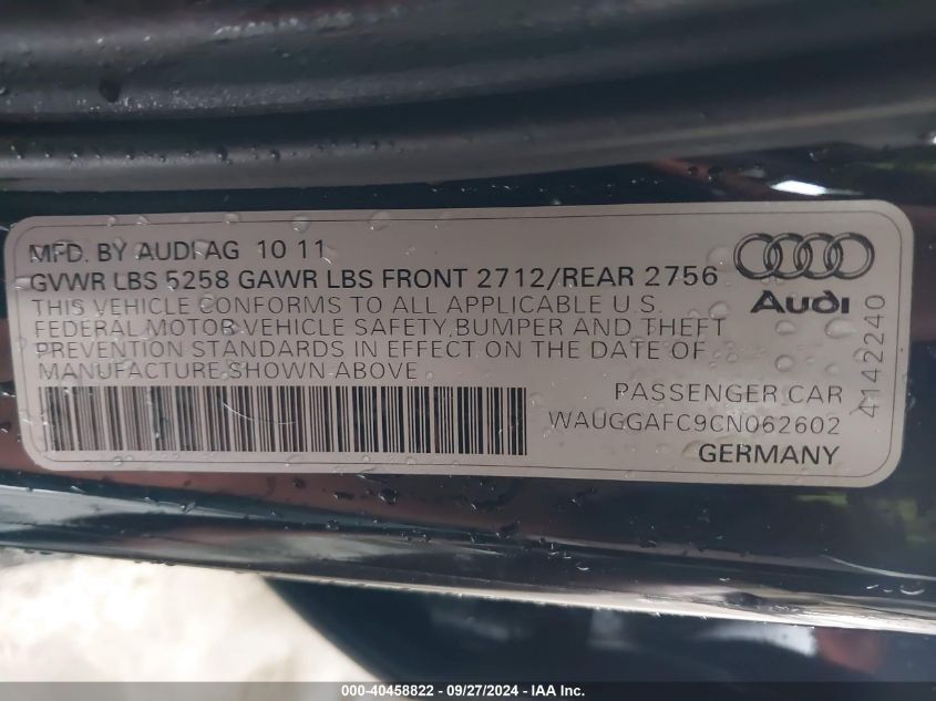 2012 Audi A6 3.0 Premium VIN: WAUGGAFC9CN062602 Lot: 40458822