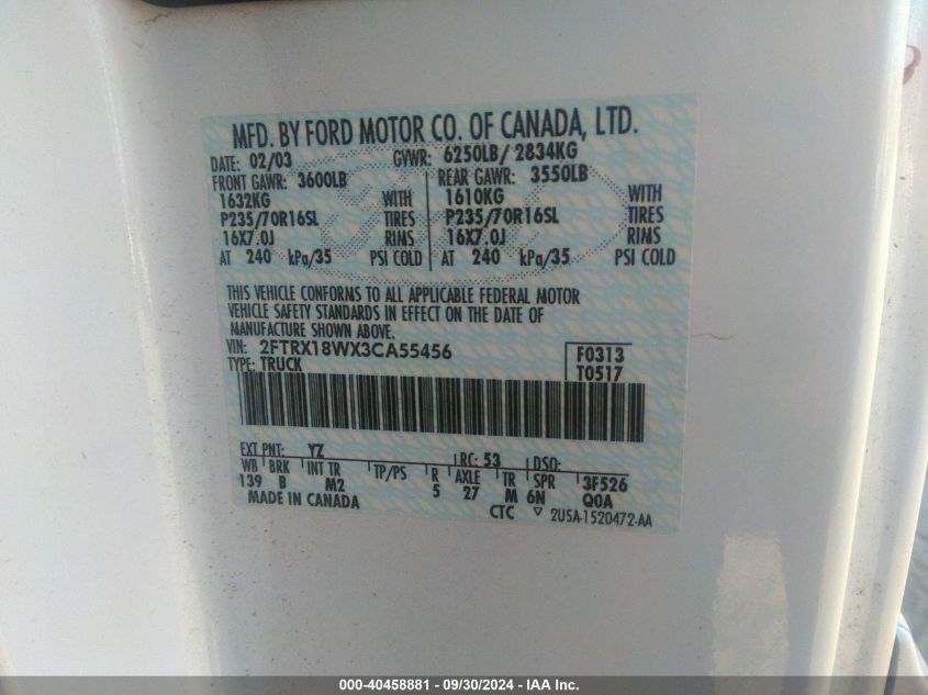 2003 Ford F-150 Lariat/Xl/Xlt VIN: 2FTRX18WX3CA55456 Lot: 40458881