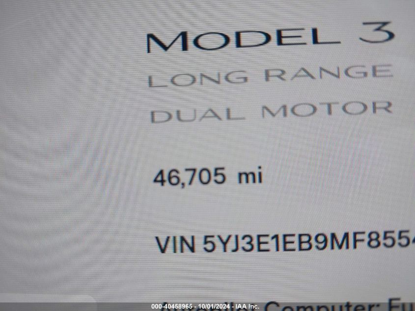 2021 Tesla Model 3 Long Range Dual Motor All-Wheel Drive VIN: 5YJ3E1EB9MF855446 Lot: 40458965