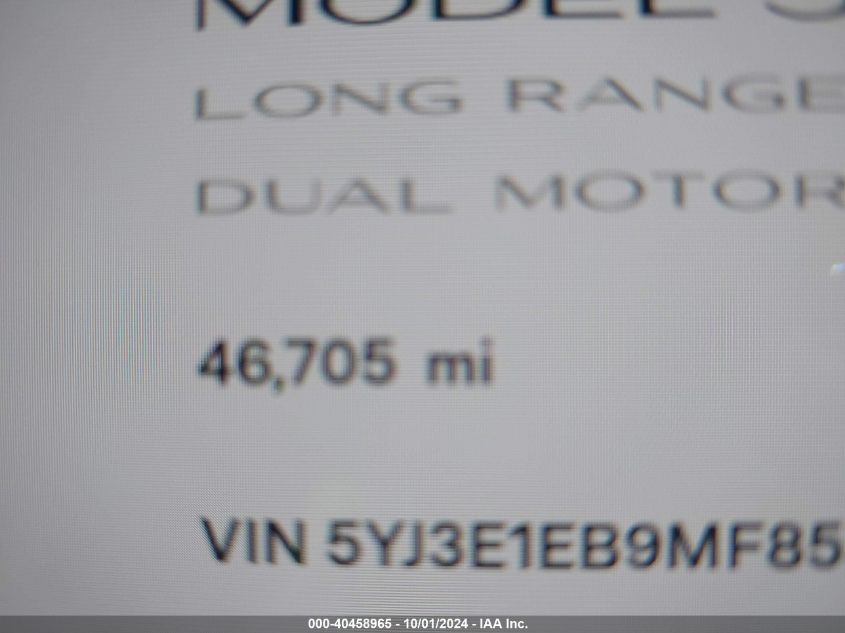 2021 Tesla Model 3 Long Range Dual Motor All-Wheel Drive VIN: 5YJ3E1EB9MF855446 Lot: 40458965