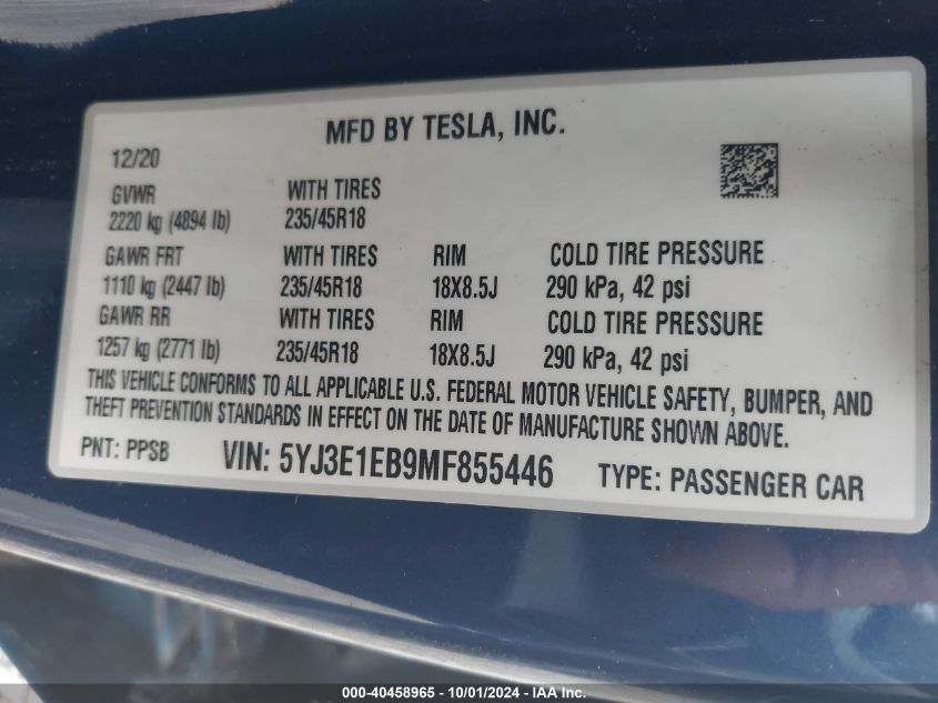 2021 Tesla Model 3 Long Range Dual Motor All-Wheel Drive VIN: 5YJ3E1EB9MF855446 Lot: 40458965