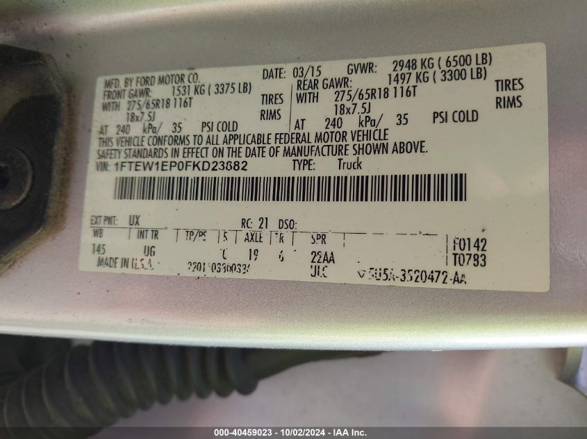 2015 Ford F-150 Xlt VIN: 1FTEW1EP0FKD23882 Lot: 40459023