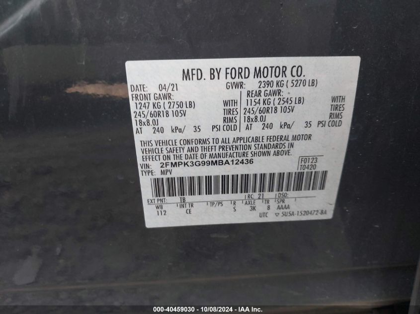 2021 Ford Edge Se VIN: 2FMPK3G99MBA12436 Lot: 40459030