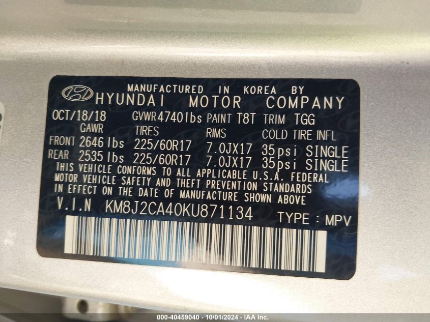 KM8J2CA40KU871134 2019 Hyundai Tucson Se