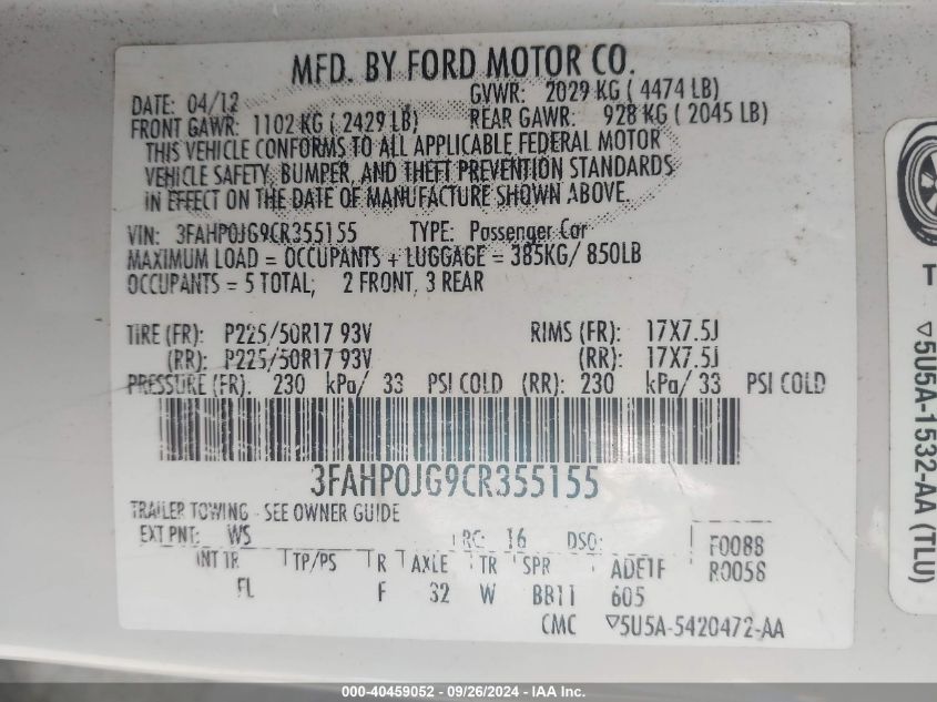 2012 Ford Fusion Sel VIN: 3FAHP0JG9CR355155 Lot: 40459052