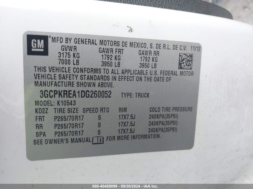2013 CHEVROLET SILVERADO 1500 VIN: 3GCPKREA1DG260052