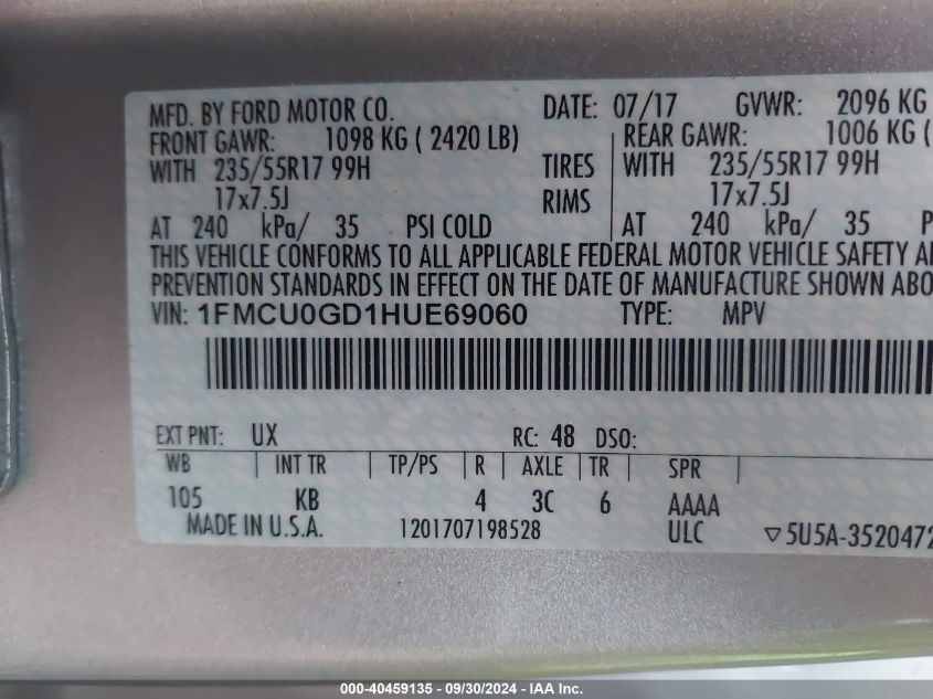 1FMCU0GD1HUE69060 2017 Ford Escape Se