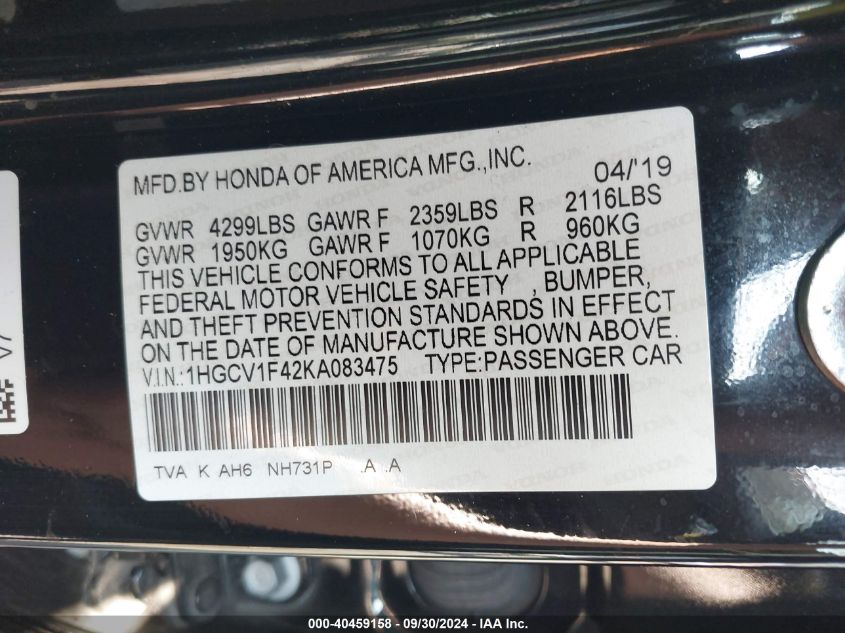 1HGCV1F42KA083475 2019 Honda Accord Ex