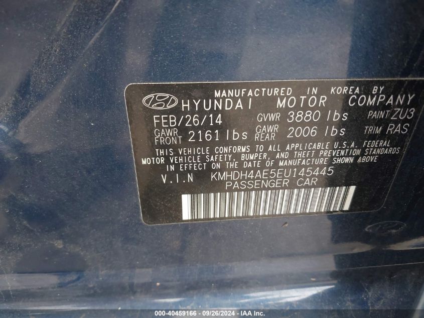 2014 Hyundai Elantra Se VIN: KMHDH4AE5EU145445 Lot: 40459166