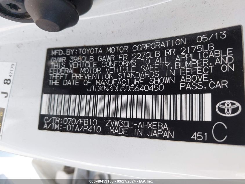 2013 Toyota Prius Three VIN: JTDKN3DU5D5640450 Lot: 40459168