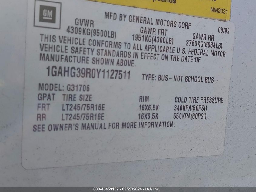 1GAHG39R0Y1127511 2000 Chevrolet Express