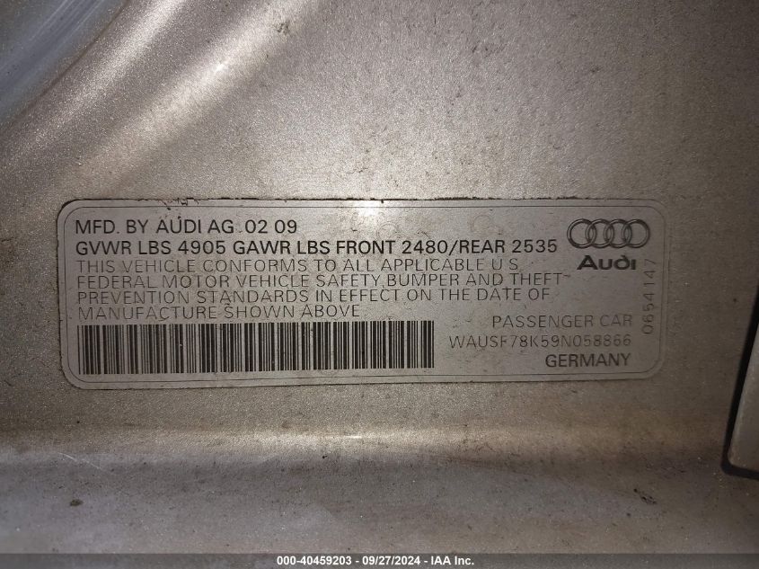 2009 Audi A4 2.0T Premium VIN: WAUSF78K59N058866 Lot: 40459203