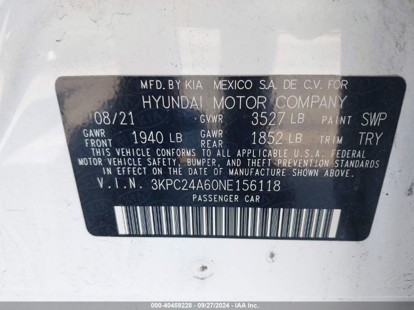 3KPC24A60NE156118 2022 Hyundai Accent Se