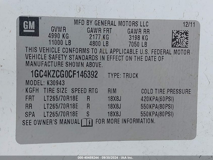 2012 Chevrolet Silverado 3500Hd Work Truck VIN: 1GC4KZCG0CF146392 Lot: 40459244