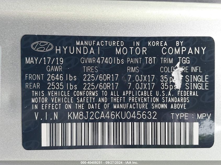 KM8J2CA46KU045632 2019 Hyundai Tucson Se