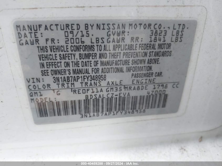 2015 Nissan Sentra S VIN: 3N1AB7AP1FY348958 Lot: 40459288