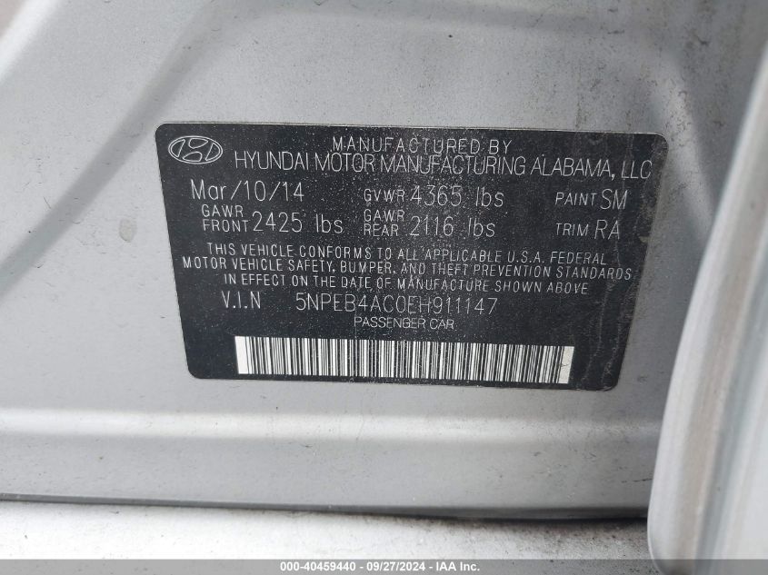 5NPEB4AC0EH911147 2014 Hyundai Sonata Gls