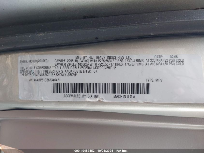 4S4BP61C867346471 2006 Subaru Legacy Outback 2.5I