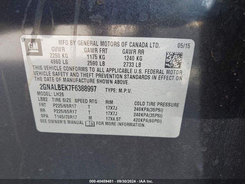 2GNALBEK7F6388997 2015 Chevrolet Equinox 1Lt