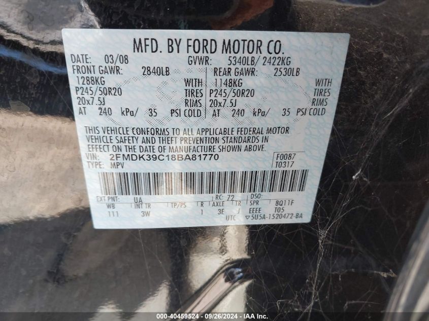 2FMDK39C18BA81770 2008 Ford Edge Limited