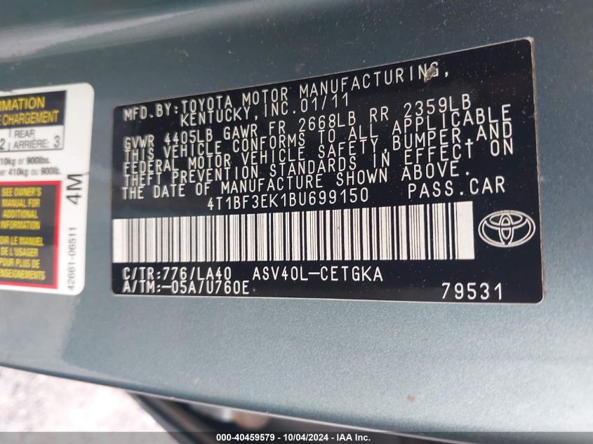 4T1BF3EK1BU699150 2011 Toyota Camry Xle