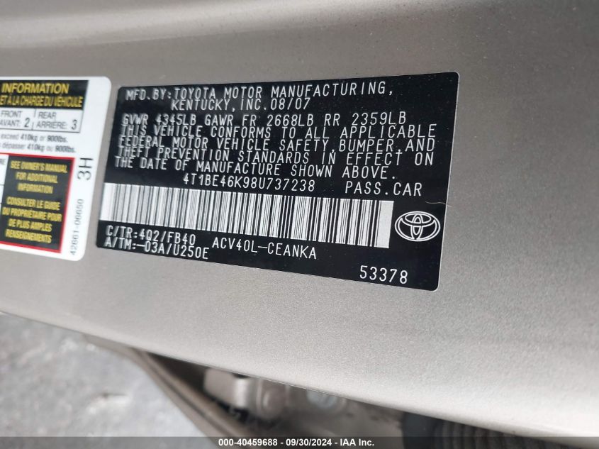 4T1BE46K98U737238 2008 Toyota Camry Ce/Le/Xle/Se