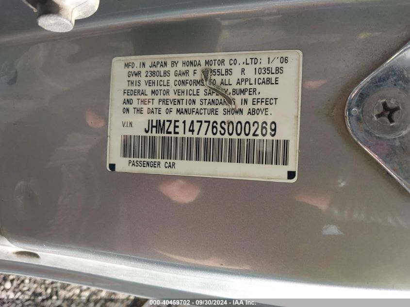 JHMZE14776S000269 2006 Honda Insight Cvt