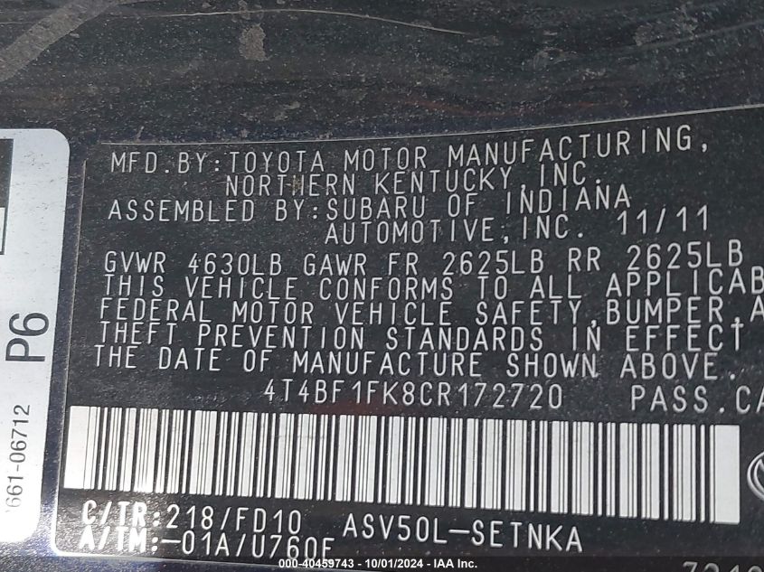 4T4BF1FK8CR172720 2012 Toyota Camry L/Le/Se/Xle/Se Sport Limited Edition