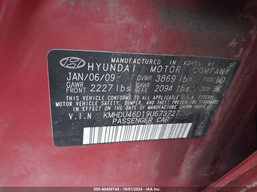 2009 Hyundai Elantra Gls/Se VIN: KMHDU46D19U673727 Lot: 40459744