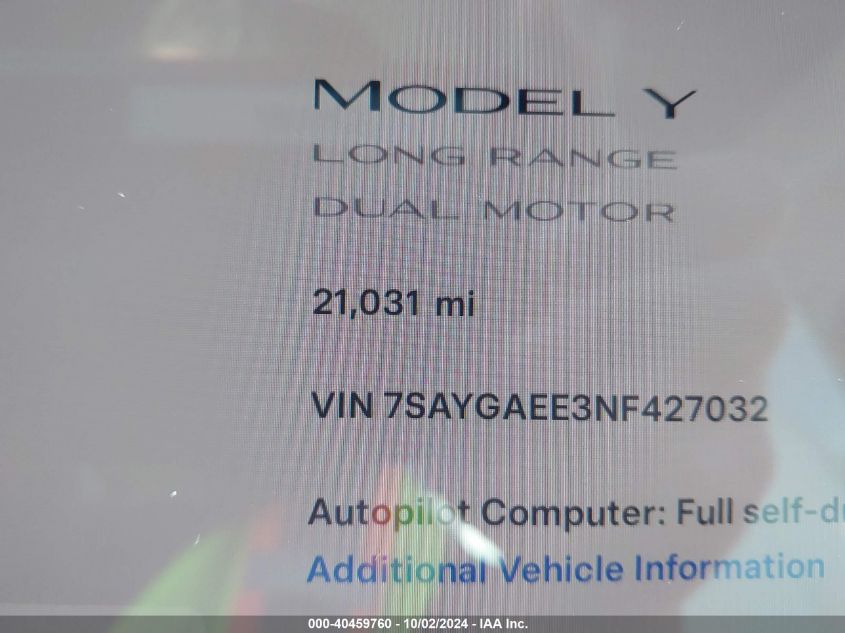 2022 Tesla Model Y Long Range Dual Motor All-Wheel Drive VIN: 7SAYGAEE3NF427032 Lot: 40459760