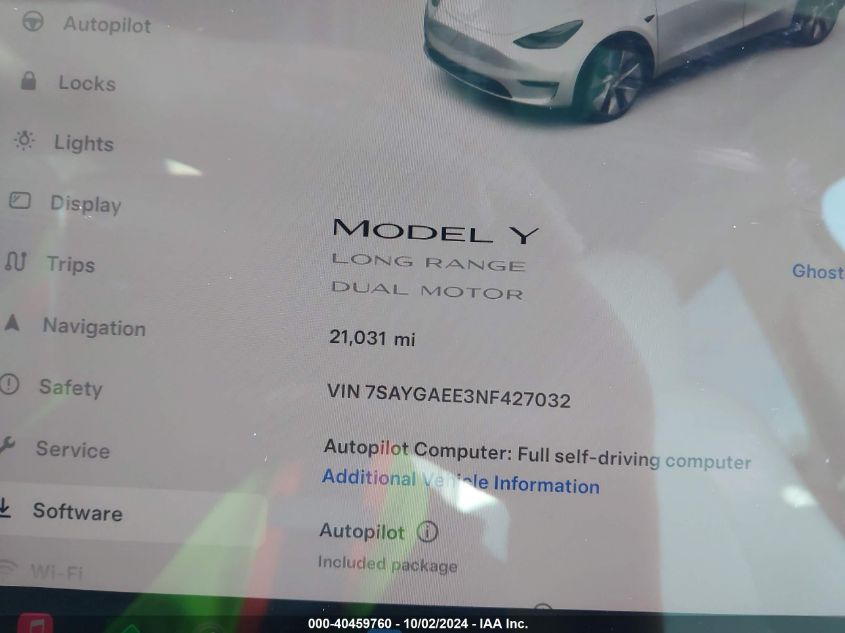 2022 Tesla Model Y Long Range Dual Motor All-Wheel Drive VIN: 7SAYGAEE3NF427032 Lot: 40459760