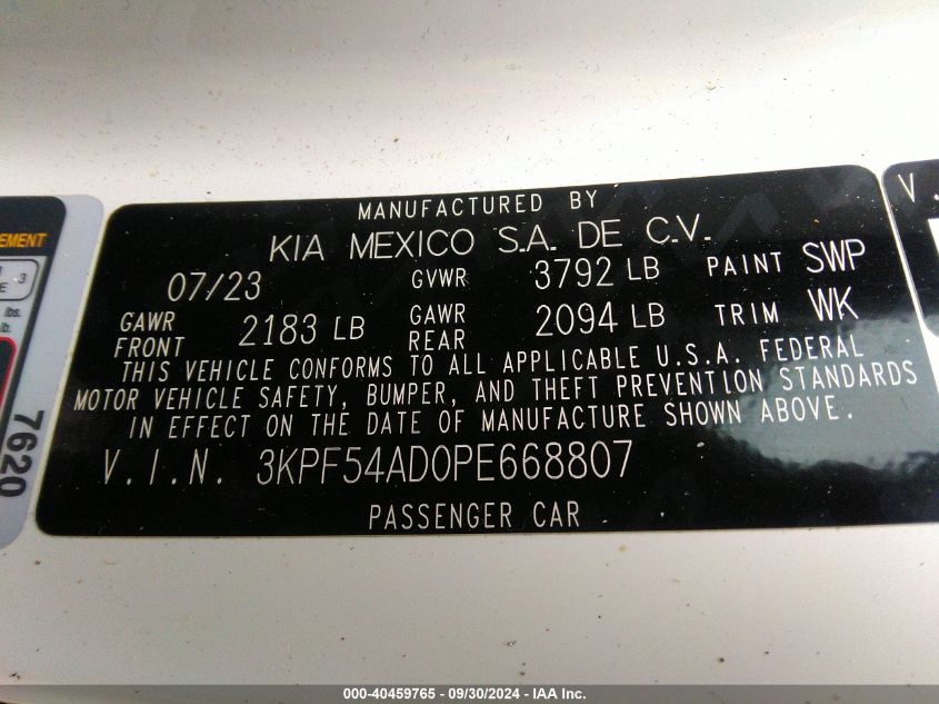 2023 Kia Forte Gt Line VIN: 3KPF54AD0PE668807 Lot: 40459765