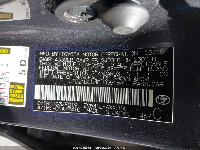 2015 Toyota Prius V VIN: JTDZN3EU4FJ035164 Lot: 40459881