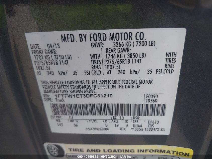 2013 Ford F-150 Fx4 VIN: 1FTFW1ET3DFC31219 Lot: 40459882