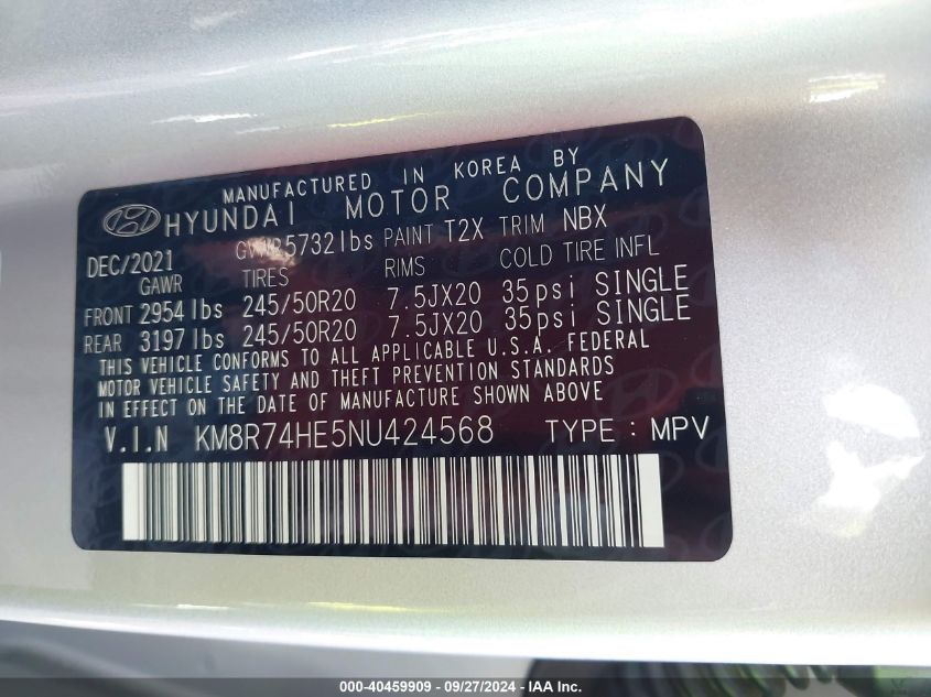 2022 Hyundai Palisade Calligraphy VIN: KM8R74HE5NU424568 Lot: 40459909