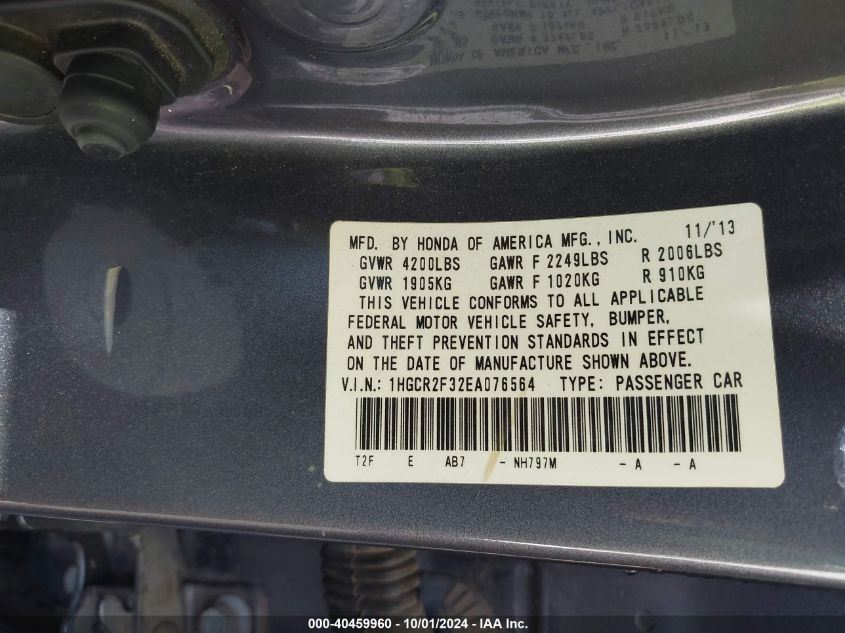 1HGCR2F32EA076564 2014 Honda Accord Lx