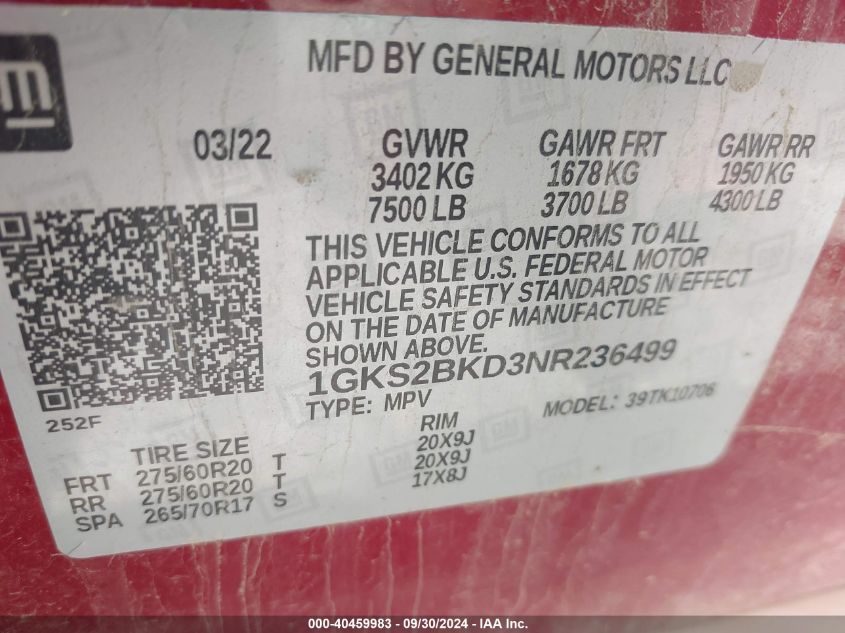 1GKS2BKD3NR236499 2022 GMC Yukon Slt