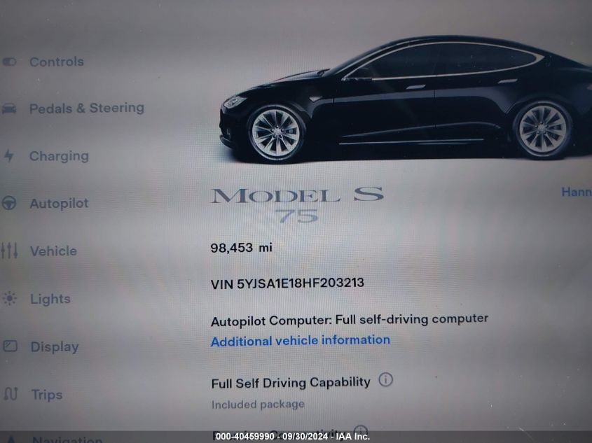 2017 Tesla Model S VIN: 5YJSA1E18HF203213 Lot: 40459990