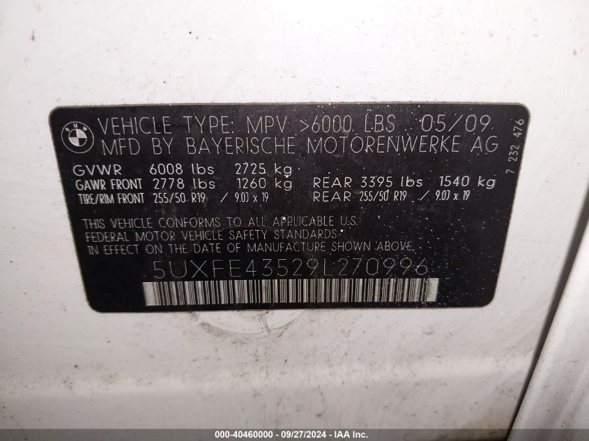 5UXFE43529L270996 2009 BMW X5 xDrive30I