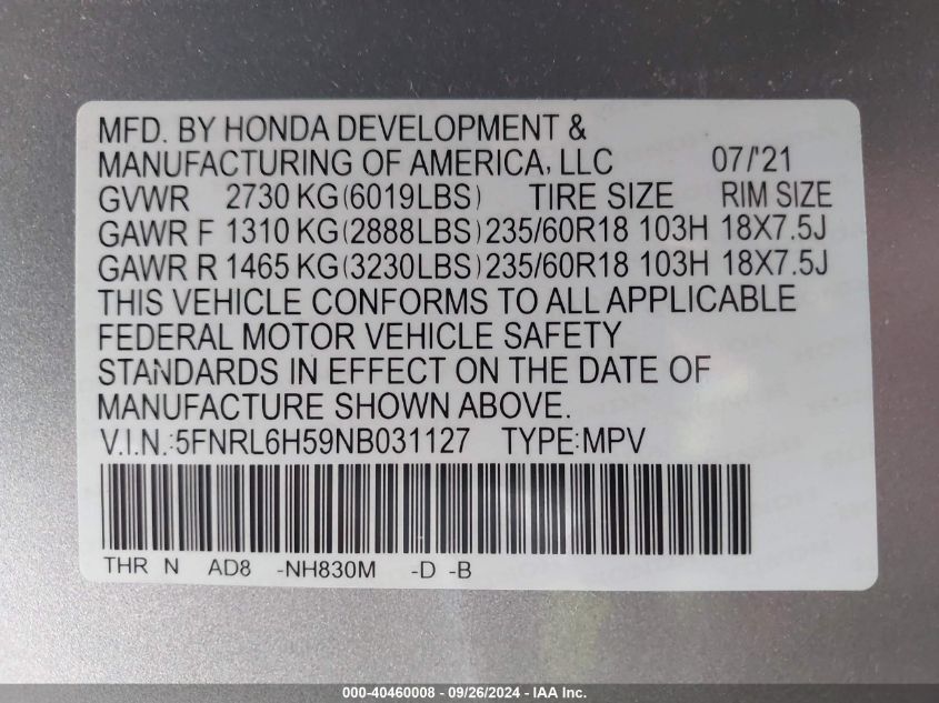 2022 Honda Odyssey Ex VIN: 5FNRL6H59NB031127 Lot: 40460008