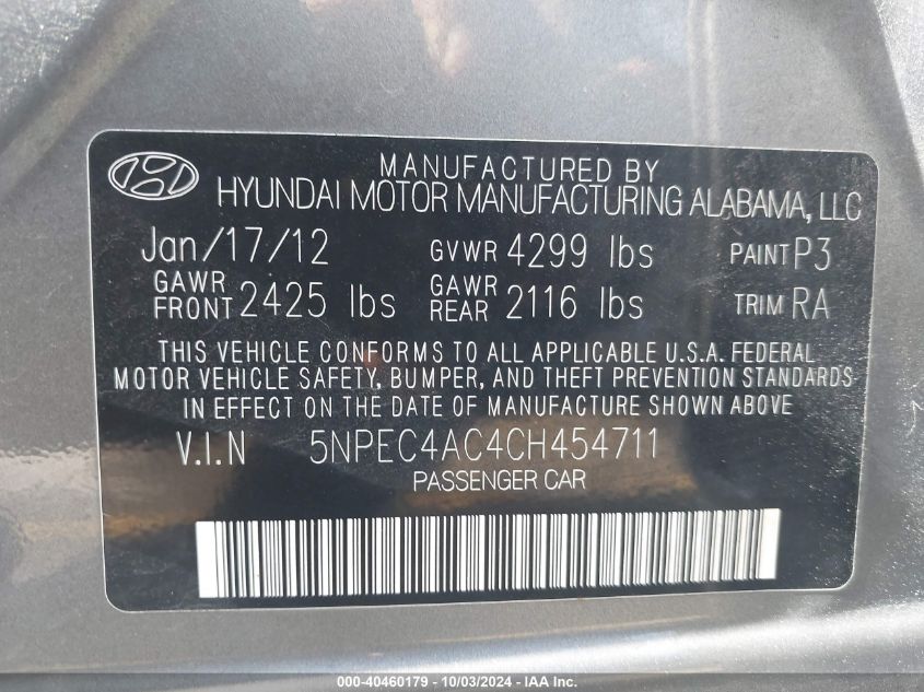 5NPEC4AC4CH454711 2012 Hyundai Sonata Se