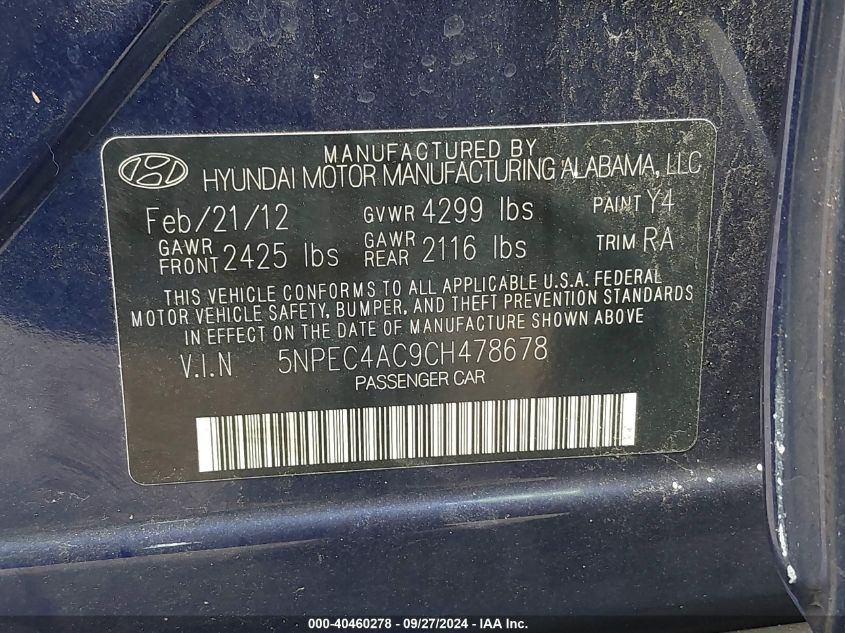 5NPEC4AC9CH478678 2012 Hyundai Sonata Se