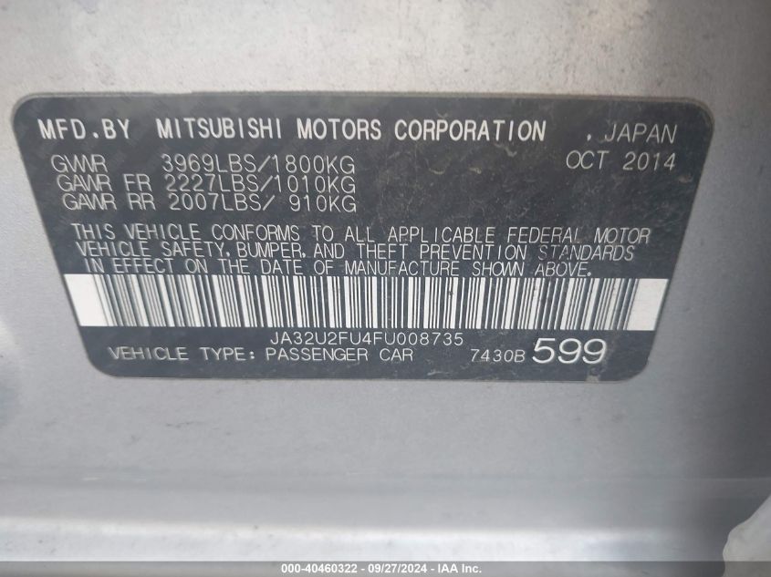 JA32U2FU4FU008735 2015 Mitsubishi Lancer Es