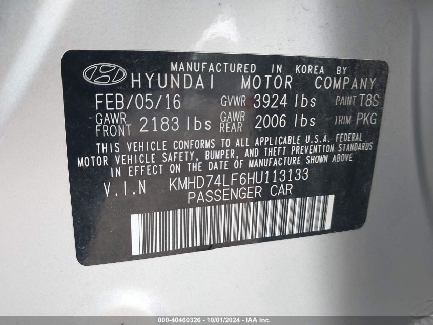 2017 Hyundai Elantra Se VIN: KMHD74LF6HU113133 Lot: 40460326