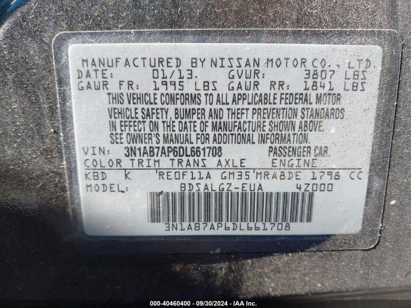 2013 Nissan Sentra Sl VIN: 3N1AB7AP6DL661708 Lot: 40460400